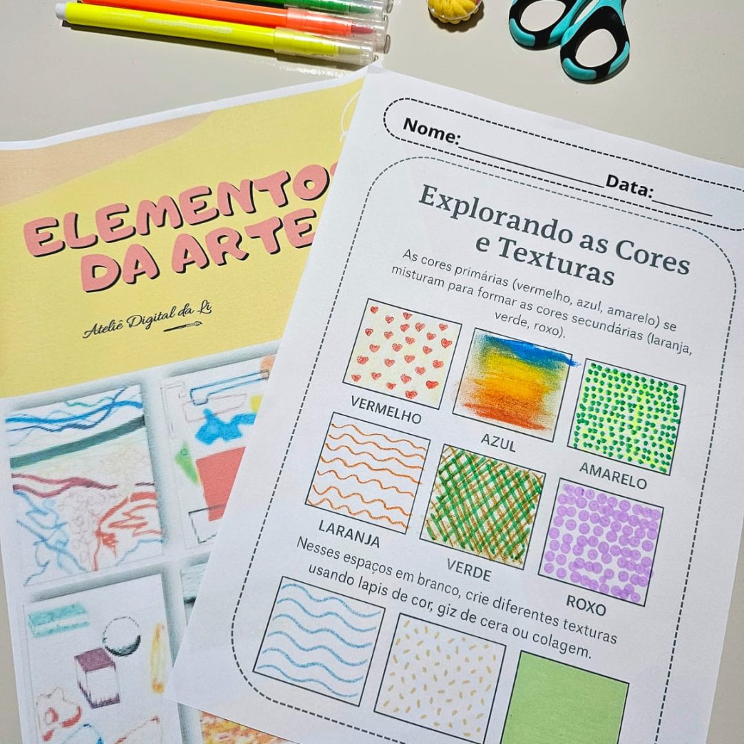 Elementos da Arte de forma simples, lúdica e visual: texturas, cores, linhas, formas e espaço.