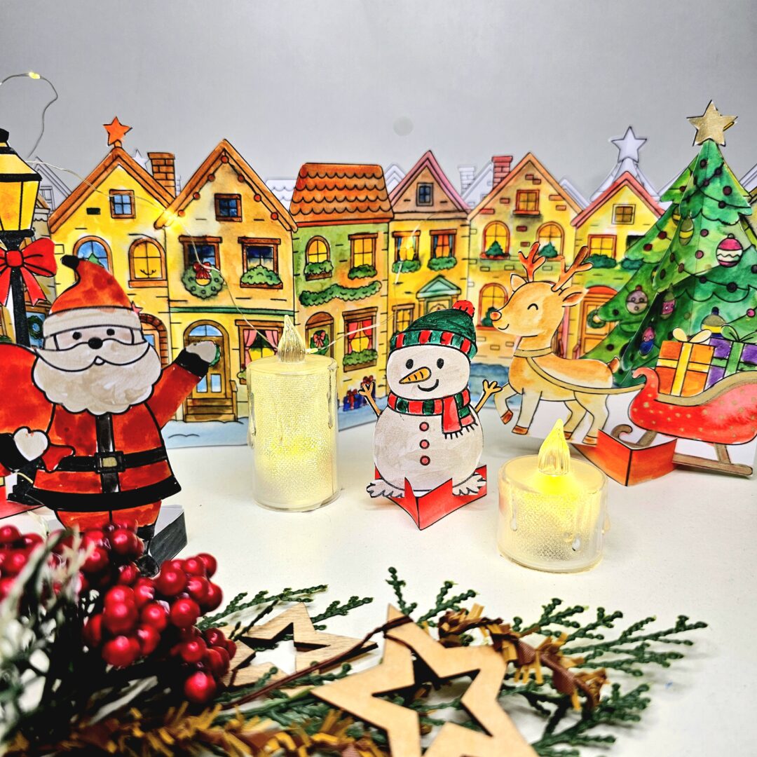 Atividade de Natal para pintar e montar - Mini Cenário Vila Natalina