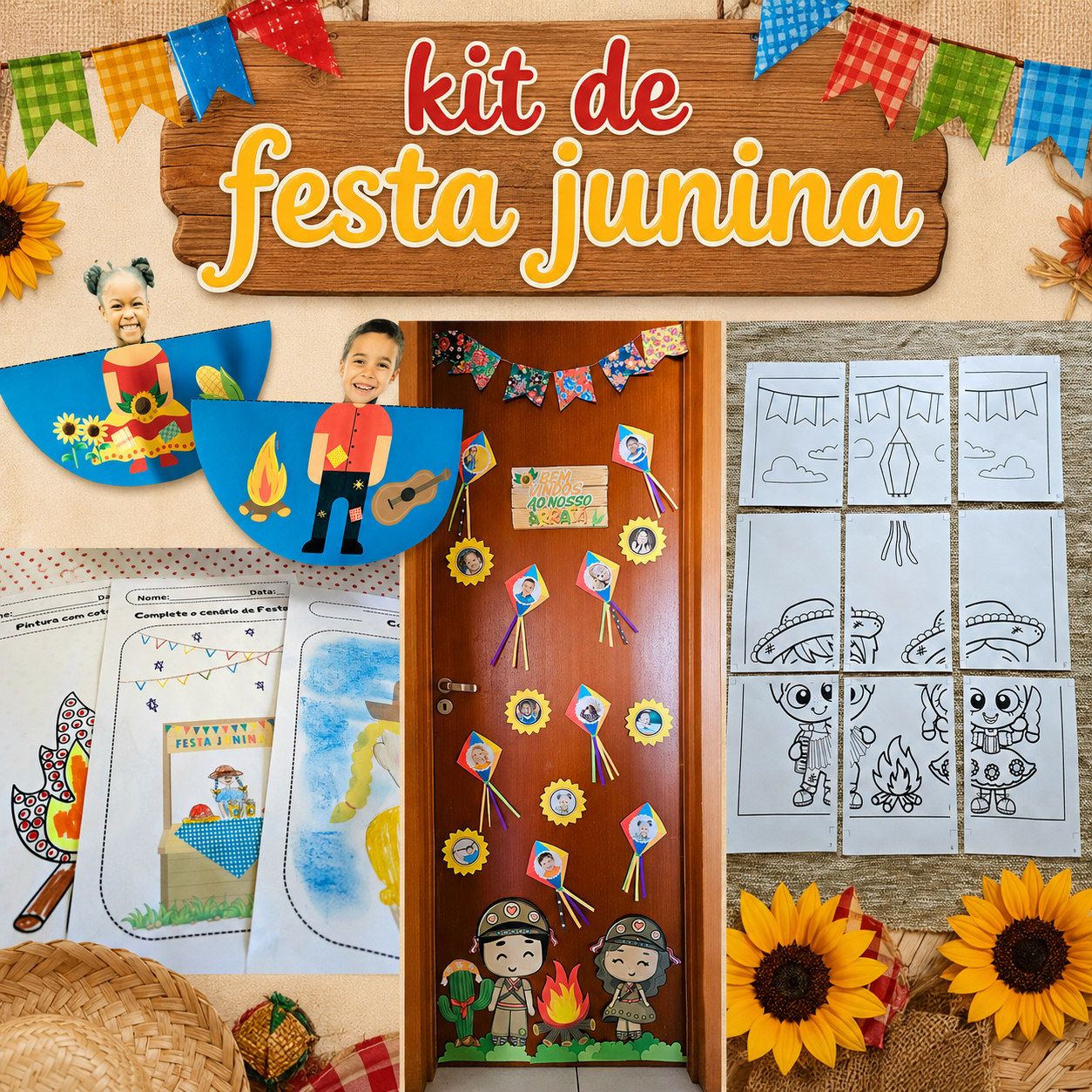 Kit Festa Junina: Enfeite de Porta + Atividades de Arte e cartaz!