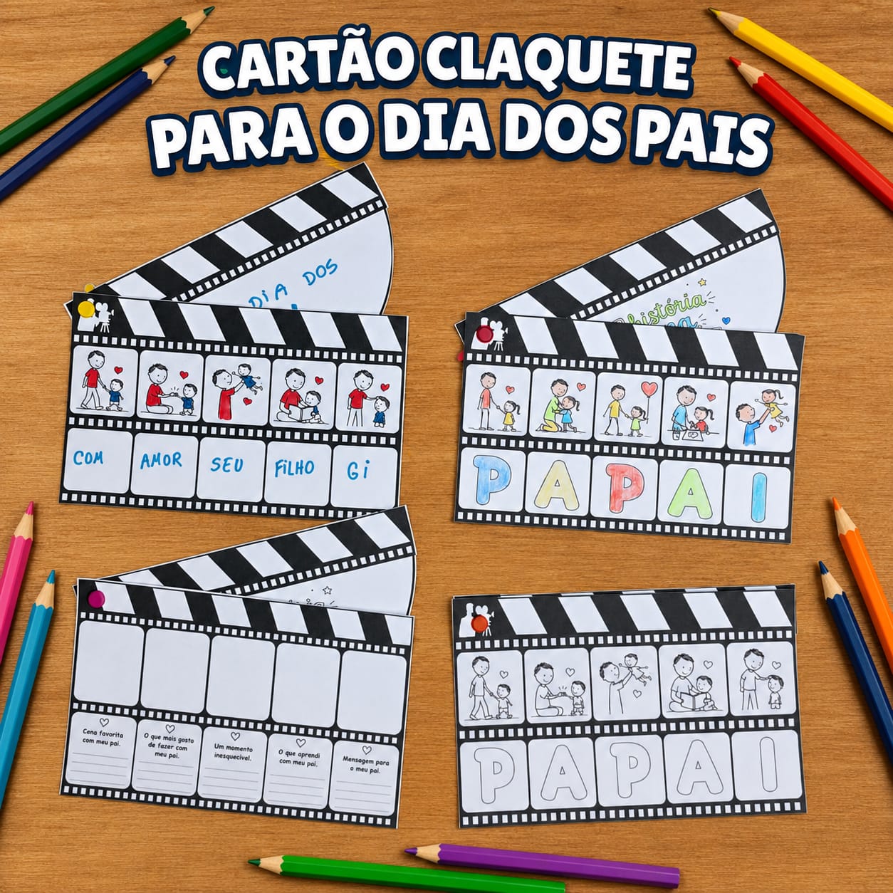 Cartão de Dia dos Pais - Cartão interativo claquete para o dia dos pais